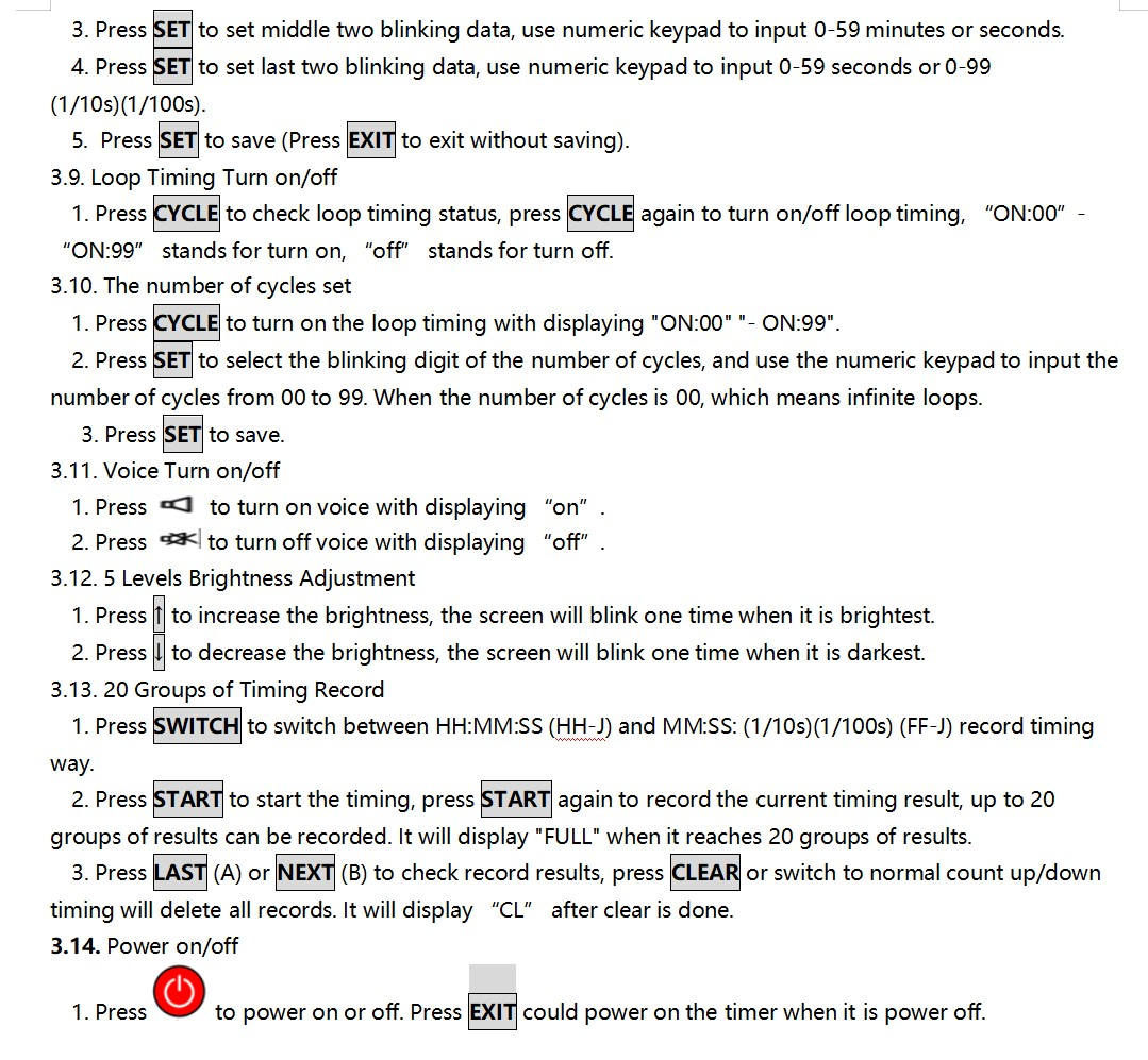 FX LED Timer / JTT36K Style FX timer manual showing loop timing brightness and timing record functions