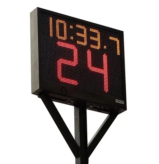 YS Basketball Hoop Shot Clock Pair close view of 24 second shot clock on stand bracket